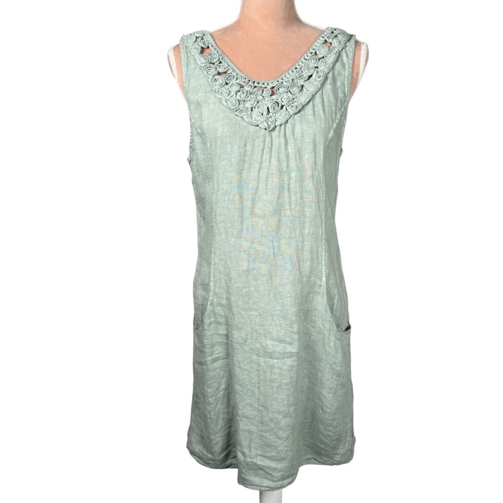 Lungo L'Arno Linen Dress Womens Large‎ Sage Green Rosette V-Neck Made in Italy